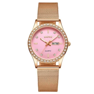 Double Calendar Rose Gold Women’s Watch Diamond Studded Stainless Steel Waterproof Luminous Quartz Wristwatch