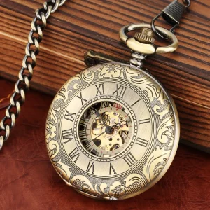 Double Hunter Steampunk Vintage Hand Winding Mechanical Pocket Watch Bronze Old Fob with Chain