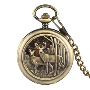 Double Sided Full Hunter Steampunk Skeleton Mechanical Pocket Watch With Deer Bronze Locket Watch With Chain for Men