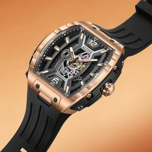 Double Skeleton Mechanical Watch Night Light System Automatic Movement Men Rubber Strap 50M Water Resistant