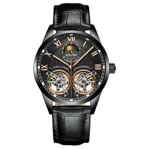 Double Tourbillon Mechanical Men’s Moon Phase Automatic Business Stainless Steel Case Watch