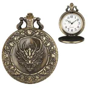 Dragon Head Steampunk Quartz Dial Pocket Watch Men Vintage Bronze Fob Chain 80cm