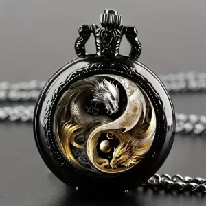 Dragon Quartz Pocket Watch Black Necklace for Men Women Chain Clock