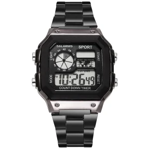 Dual Time Analog Digital Sports Watch Men’s Stainless Steel Band Electronic Square LED Back Light Camouflage Wristwatch Gold