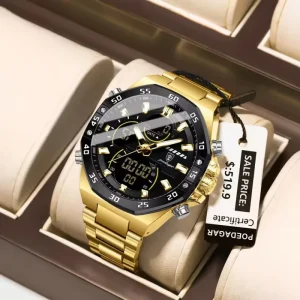 E101 Fashion Men’s Watches Multi Functional Stainless Steel Belt Dual Display Luxury Quartz Digital Watch for Men