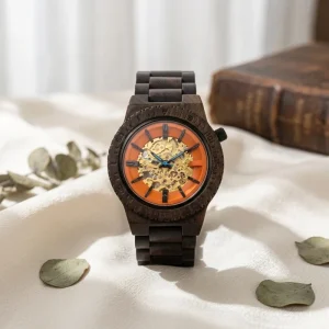 Ebony Wood Skeleton Mechanical Style Men Watch Bright Orange Hollow Dial Wood Link Bracelet Sport Casual Waterproof Wristwatch