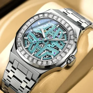 Echo Valley 41mm Automatic Skeleton Watch Diamond Bezel Turquoise Dial Stainless Steel Band Sport Luxury 30bar Water Resistant