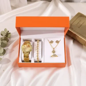 Eco Friendly Acrylic Quartz Movement Pointer Analog Diamond Studded Case Women’s Watch Necklace Bracelet Earrings