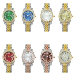Eight Different Colors Alloy with Full Rhinestone Iced Out Hip Hop Calendar Women’s Round Roman Scale Quartz Watch