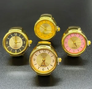 Elegant Anniversary Ring Watch Quartz Round Dial Gold Plated Rhinestone Decorated Elastic Finger Watch for Women Daily Wear