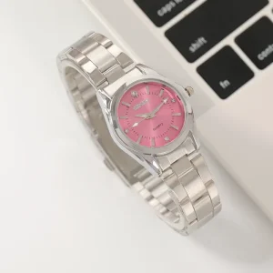 Elegant Casual Business Silver Steel Band Diamond-Encrusted Women’s Watch 36mm Simple Pink Quartz Watch