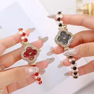 Elegant Casual Women’s Quartz Watch Diamond Inlay Light Luxury Four-Leaf Clover Beaded Bracelet 16mm