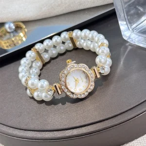 Elegant Double-row Pearl Elastic Band Women’s Watch Flower Diamond Dial Quartz Bracelet Wristwatch WA375