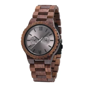 Elegant Five-Hand Chronograph Calendar Week Wood Watch with Real Nails Hour Marks Quartz Movement Casual Forest Style ODM Supply