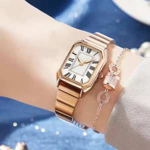 Elegant Luxury Stainless Steel Band Square Ladies Quartz Watch Waterproof Women’s Fashion Alloy Case Golden Finish