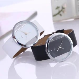 Elegant Unisex Quartz Watch Transparent Hollow Design Custom Logo Simple Leather Band Watch