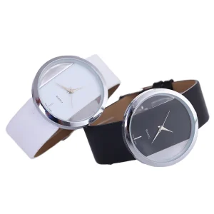 Elegant Unisex Quartz Watches with Large Dial Transparent Hollow Design Custom Logo Alloy Case Simple Leather Band for Couples