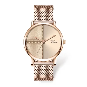 Elegant Women’s Watch with Rose Gold Alloy Mesh Strap Faux Leather Pattern Dial