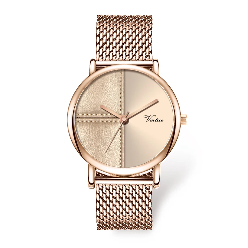 Elegant Women’s Watch with Rose Gold Alloy Mesh Strap Faux Leather Pattern Dial