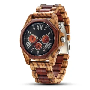 Elegant Wooden Watch with Inter Color Patchwork Design, Quartz Movement, Chronograph