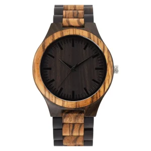 Engraved Wooden Watch with Japanese Movement Round Case Men’s Wrist Watch