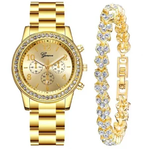 European American Style Three Piece Set Steel Band Quartz Watch Geneva Three Dial Diamond Studded Zinc Alloy Band