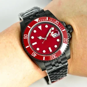 Exclusive Customization Men’s Stainless Steel Automatic Diver Watch with Blood Red Dial Display Luxury Steel Strap Wristwatch