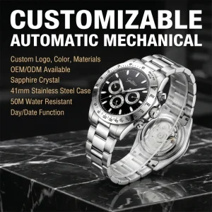 Exclusive Customized Style Polished All Steel Waterproof Mechanical Men Watch Automatic Calendar View Direct Assembly Factory