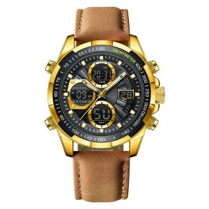 FB0080 Round 46MM Large Dial Alloy Dual Display LED Luminous Pointer Timing Waterproof Calendar Leather Digital Men’s Watch