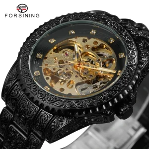FSG8213 Retro Black Men Skeleton Automatic Mechanical Watch Rhinestone Stainless Steel Vintage Carving Clock