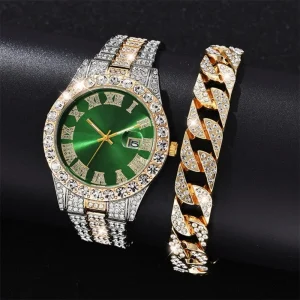 Factory Alloy and Bling Rhinestone Iced Out Cuban Link Chain Hip Hop Bracelet Watch Men’s Jewelry Set