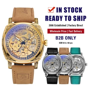 Factory Brown Genuine Leather Automatic Watches Men’s OEM Skeleton Mechanical Watch for Man