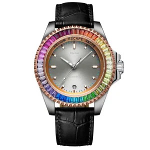 Factory Custom Business Men Mechanical Watch Flash Diamond Bezel Case Vintage Leather Band for Men Gift