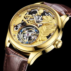 Factory Custom Logo Men’s Tourbillon Watch 316L Steel Sapphire Relief Zodiac Tiger Design Minimalist