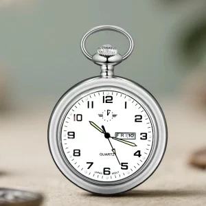 Factory Direct Retro Glossy Unsealed Double Calendar Quartz Pocket Watch with Chain for Gifts