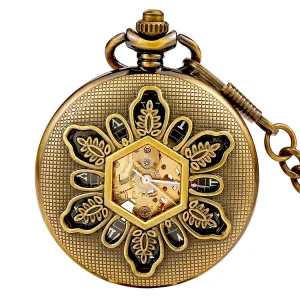 Factory Direct Sale of Vintage Six petal Mechanical Pocket Watch with Alloy Case and 47mm Dial Includes Chain