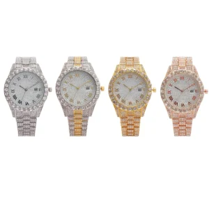 Factory Four Different Colors Alloy with Bling Rhinestone Hip Hop Roman Scale and Calendar Iced Out Round Quartz Watch