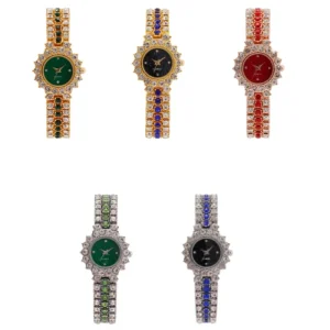 Factory Gold Silver Rose Gold Metal Hip Hop Alloy with Colorful Rhinestone Strap Iced Out Women’s Round Quartz Watch
