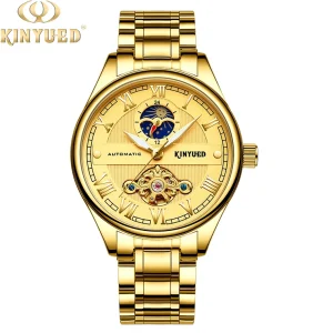Factory KINYUED Mens Fashion Stainless Steel Watch Golden Skeleton Automatic Watch
