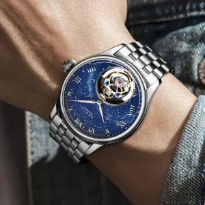 Factory Luxury Automatic Flying Tourbillon Men’s Mechanical Watch Sapphire Stainless Steel Starry Roman Dial Strap