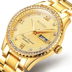 Factory Luxury Men’s Quartz Watch Gold Steel Band Business Style with 40mm Glass Dial Window Pointer Display