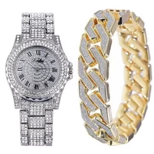 Factory Silver Gold Color Alloy Hip Hop Bling Rhinestone Watch Bracelet Jewelry Set