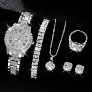 Factory Stock Alloy Rhinestone Roman Quartz Watch Necklace Bracelet Earrings Rings Women’s Jewelry Set