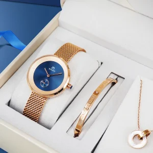 Fashion 3PCS Janpan Movement Quartz Watches Bracelet Necklace Stainless Steel Watch Set for Women