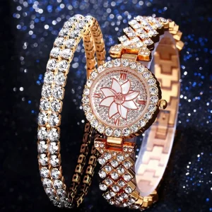 Fashion Bling Full Rhinestone Diamond Luxury Iced Out Women’s Quartz Diamond Bracelet Watch With Bracelet Set