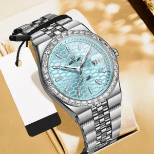 Fashion Business Men’s Quartz Watch Crystal Encrusted Dial Rose Gold Steel Band Luminous Calendar Waterproof Luxury Dress Watch