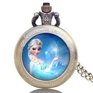 Fashion Cartoon Sister Elsa Anna Silver Pocket Watch Necklace Frozen Princess Watch Rotary Watch