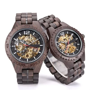 Fashion Casual Pair Wristwatch Luxury Mechanical Wooden Case Skeleton Luminous Steel Band Automatic Couple Wood Watch