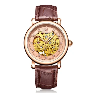 Fashion Charm Skeleton Diamond Automatic Watch Pink Unisex Hollow Out Waterproof Wrist Leather Mechanical Watch