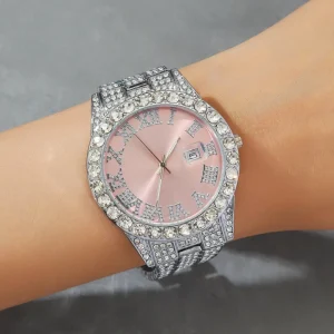 Fashion Elegant Light Luxury Diamond Full Diamond Roman pink Dial Women’s Quartz Watch